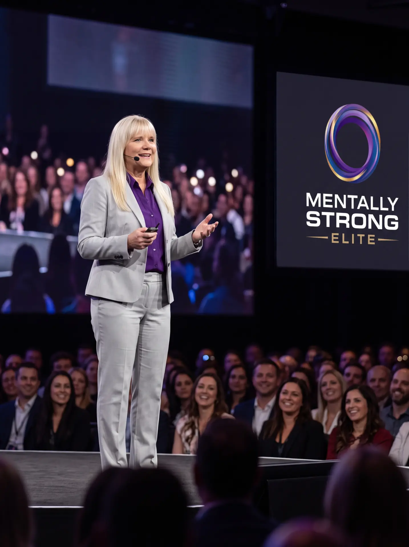 Dr. Cristi Bundukamara presenting on stage in a platinum suit