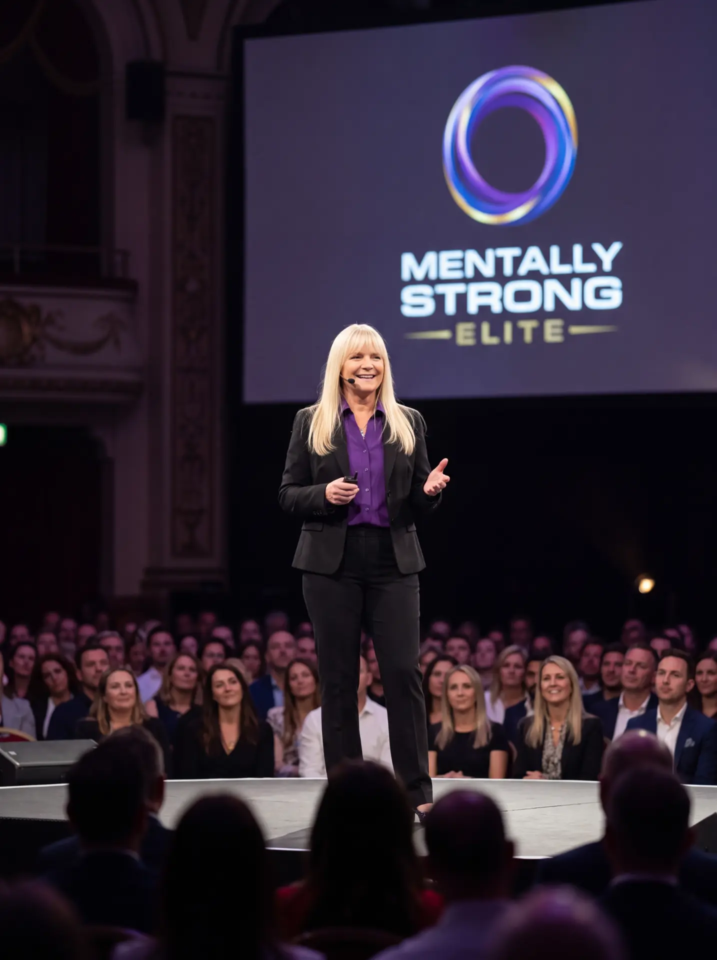 Dr. Cristi Bundukamara presenting on stage in a black suit