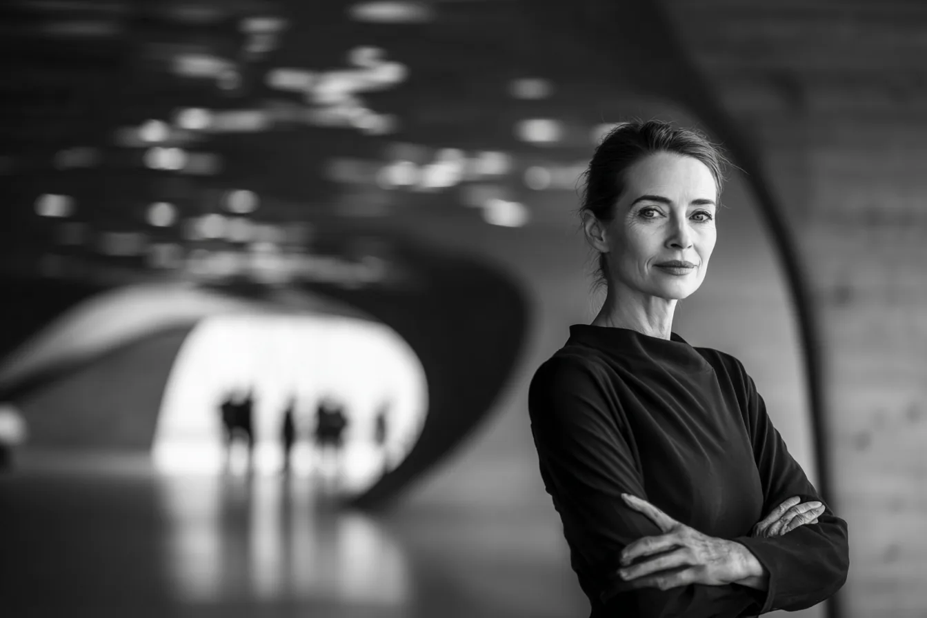 Executive leader standing composed in a gallery space